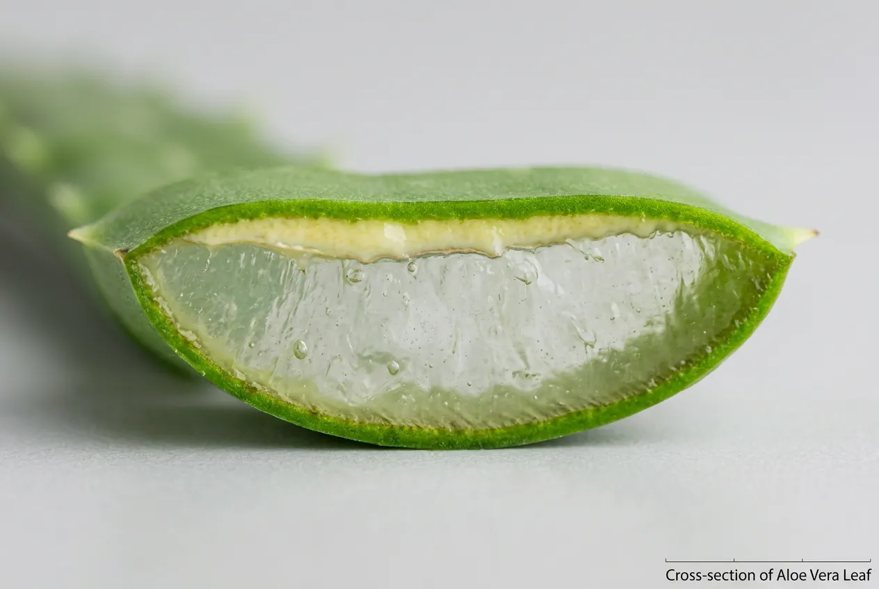 Aloe vera leaf cut showing green rind, white toxic latex layer, and clear gel interior