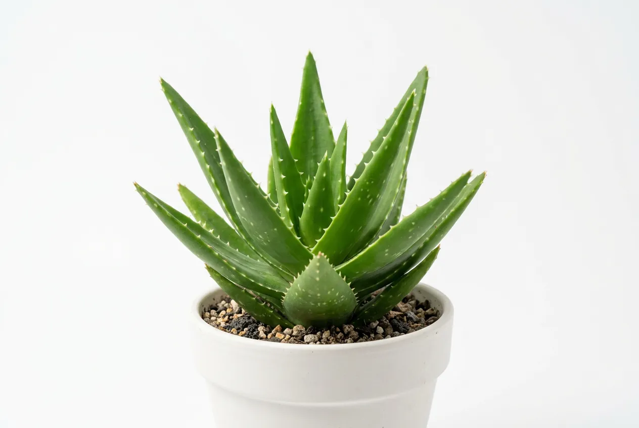 Aloe vera succulent in white pot with thick fleshy green leaves in rosette pattern