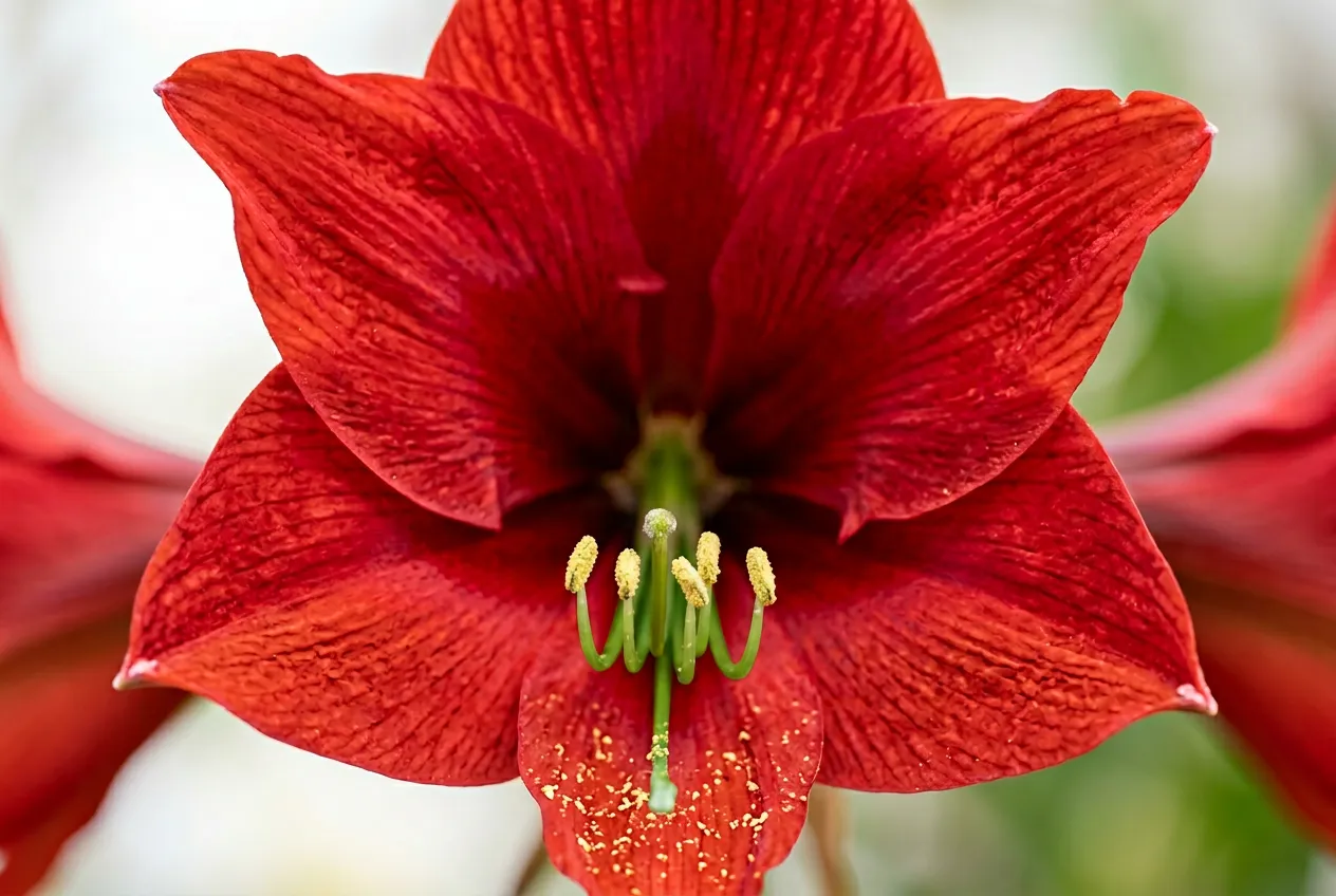 Amaryllis flower interior showing red petals and yellow pollen-dusted anthers