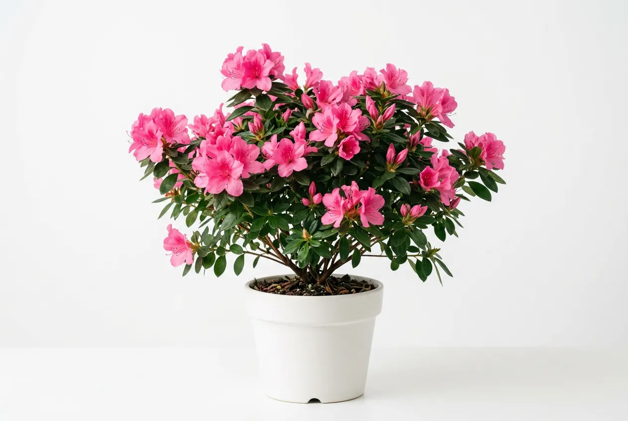 Potted azalea shrub with bright pink funnel-shaped flowers and dark green leaves