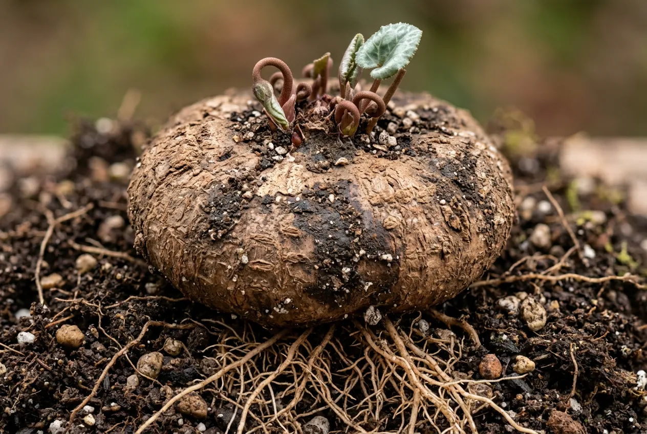 Cyclamen flat round tuber with roots - tuber is the most toxic part