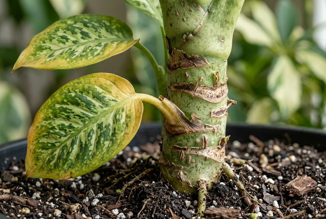 Dieffenbachia thick fleshy stem base and lower leaves detail