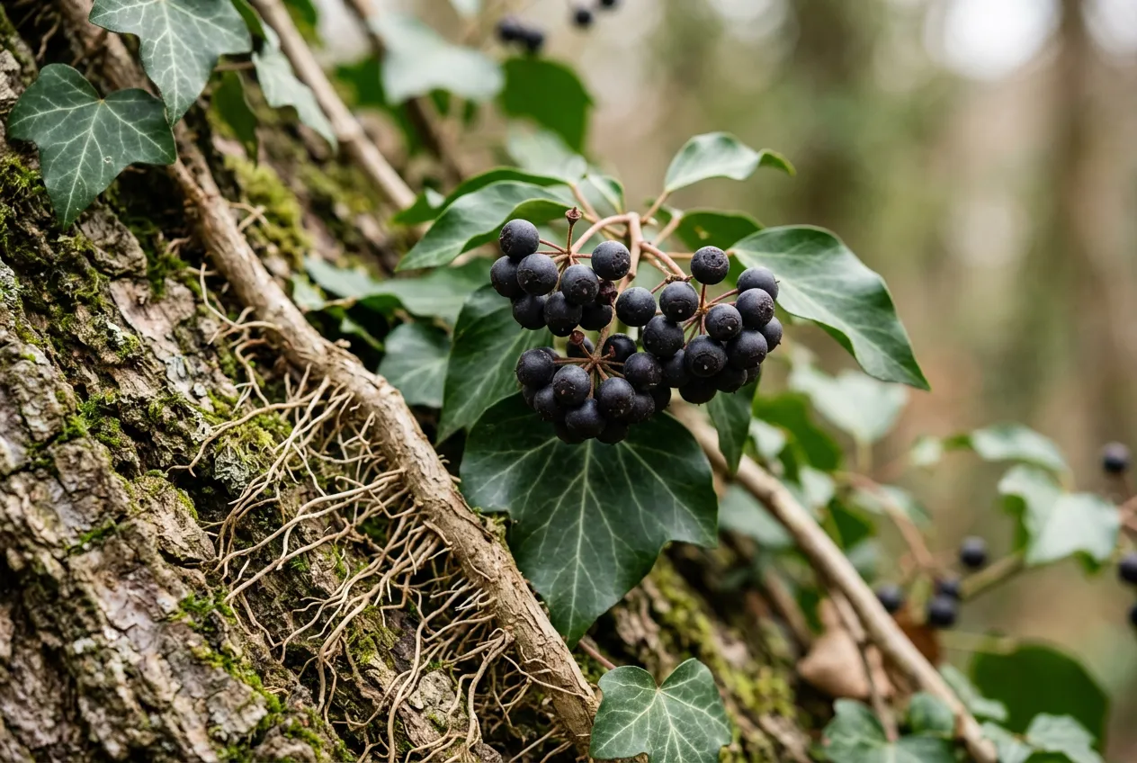 English ivy dark purple-black berries and aerial rootlets on climbing stem