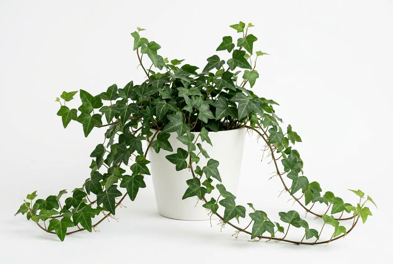 English ivy in white pot with trailing dark green waxy lobed leaves