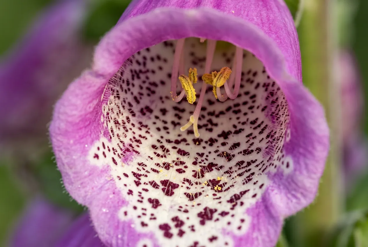 Inside a foxglove flower bell showing purple spots and hairy throat texture