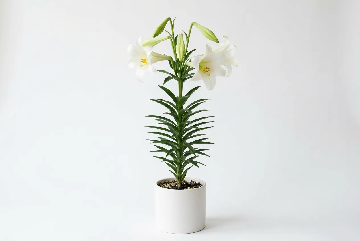 Easter lily in white pot showing white trumpet flowers and green stems - highly toxic to cats