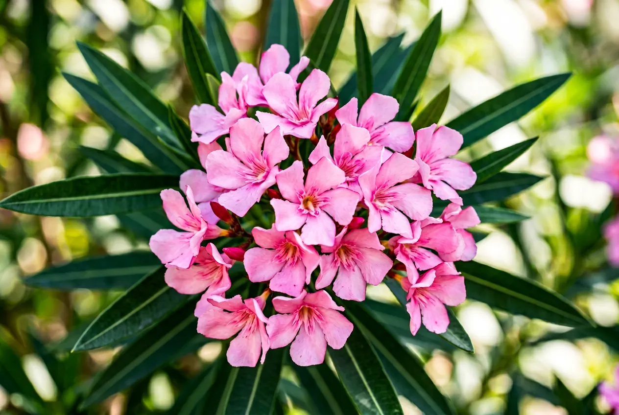 Oleander pink flowers in bloom with narrow dark green leathery leaves