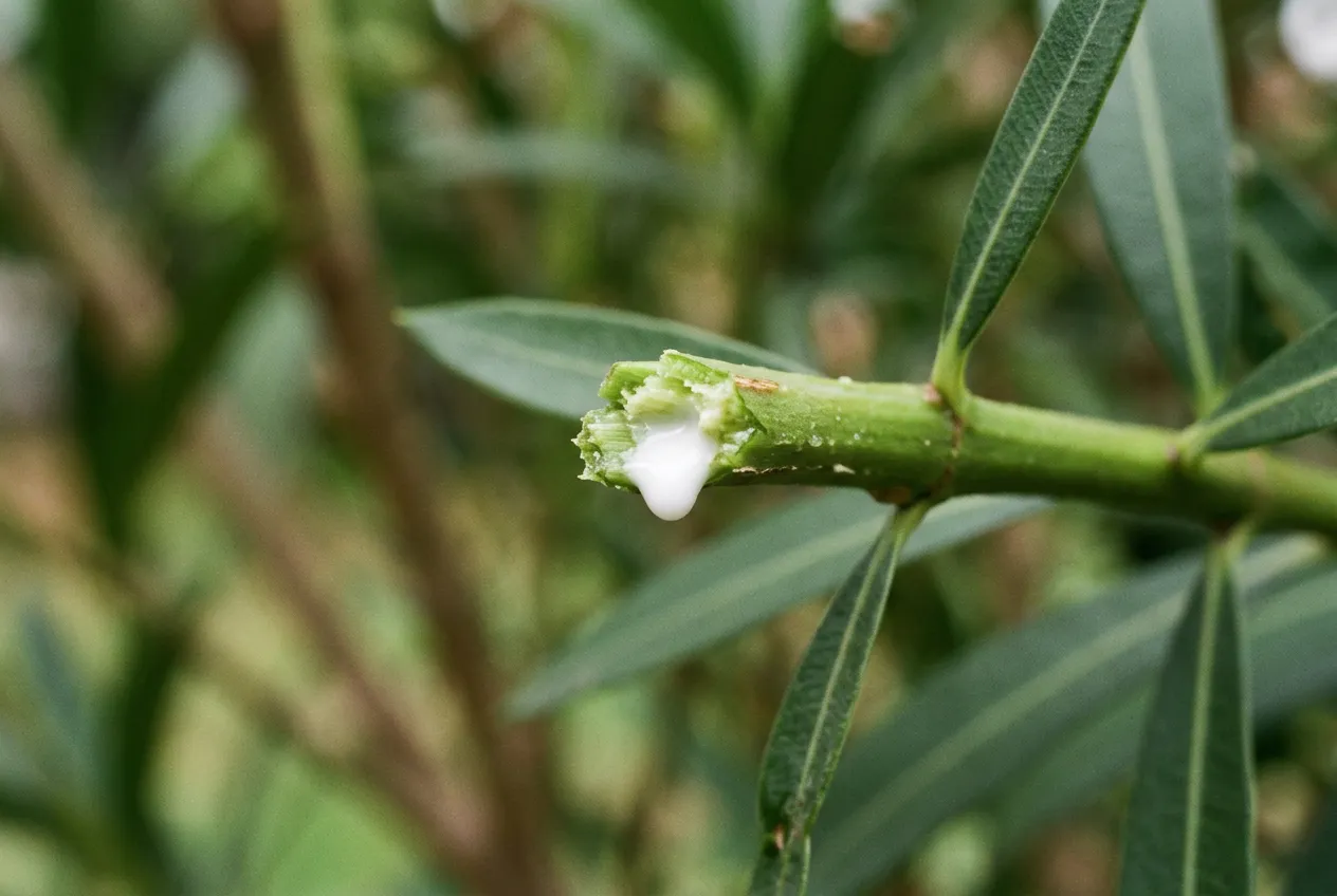 Oleander stem showing milky white toxic sap oozing from a break