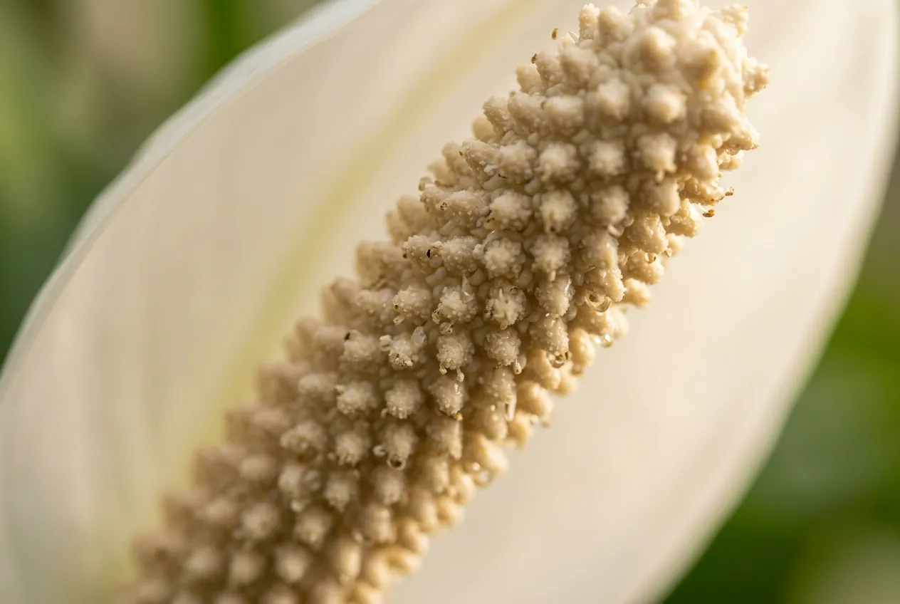 Peace lily spadix close-up showing tiny bumpy flowers on cream cylinder