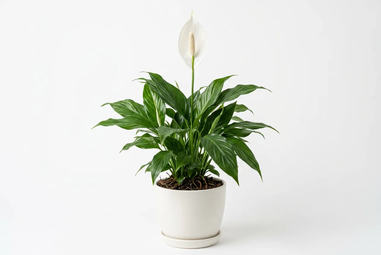 Peace lily in white pot with dark green glossy leaves and white sail-shaped flower