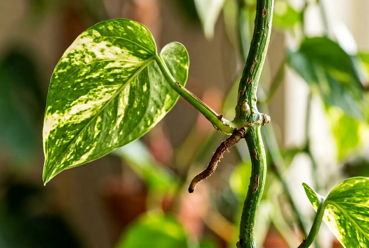 Pothos vine node showing aerial root and variegated heart-shaped leaf