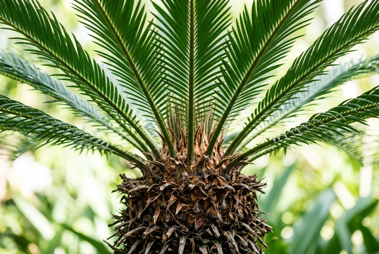 Sago palm frond and trunk close-up showing pinnate leaflets and textured bark