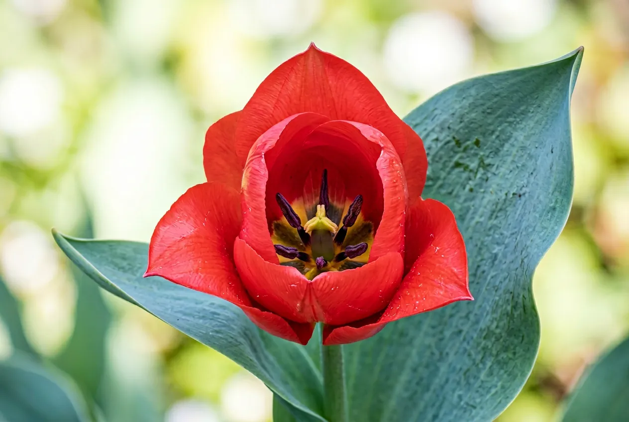 Red tulip flower opening showing waxy petals and dark stamens inside