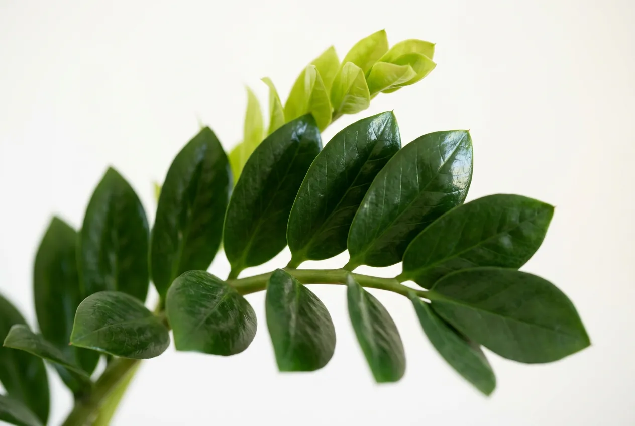 ZZ plant glossy waxy leaflets along thick green stem with new lighter growth
